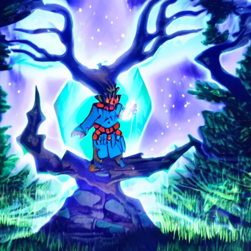 Image similar to a xanxia hero in a dark forest standing beside a glowing blue rectangle