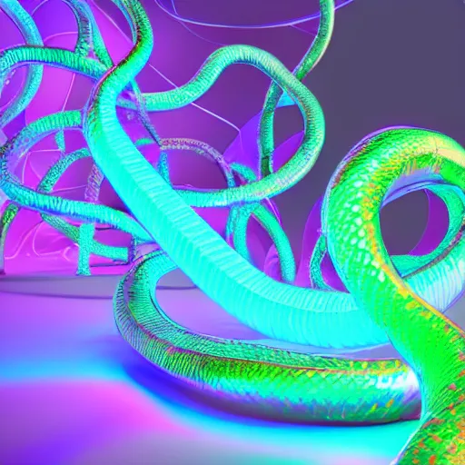 Prompt: a human form, made of pure digital light, encircled by a giant iridescent serpent, hyper detailed, ultra fine colored inking lines, arnold render, 4 k extremely photorealistic