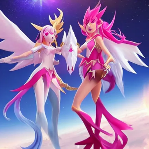 Image similar to star guardian xayah and star guardian kai'sa as friends together, league of legends, by weta digital, 3 - dimensional, realistic