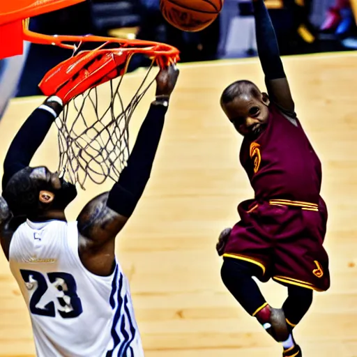 Prompt: lebron james dunking a baby into a basket hoop