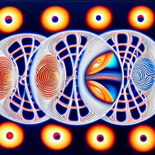 Image similar to Alex Grey painting of someone putting on a contact lens, repeating patterns