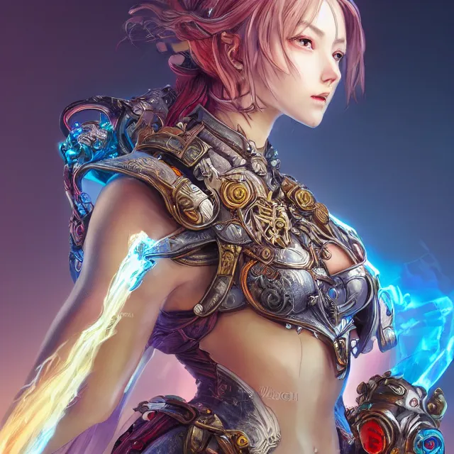 Image similar to studio portrait of lawful good colorful female holy mech paladin as absurdly beautiful, graceful, young sensual gravure idol, ultrafine hyperrealistic detailed face illustration by kim jung gi, irakli nadar, intricate linework, sharp focus, bright colors, matte, octopath traveler, final fantasy, unreal engine highly rendered, global illumination, radiant light, intricate environment