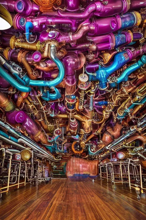 Image similar to beautiful matte colorful steampunk large room filled with steampipes and valves by alex grey