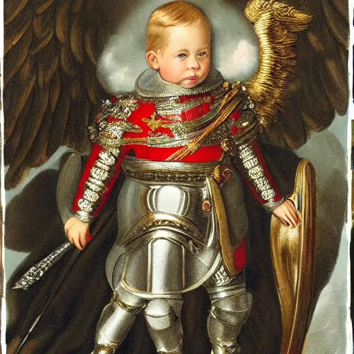 Image similar to prince william, duke of cambridge wearing knight's armor with heavenly angels surrounding him