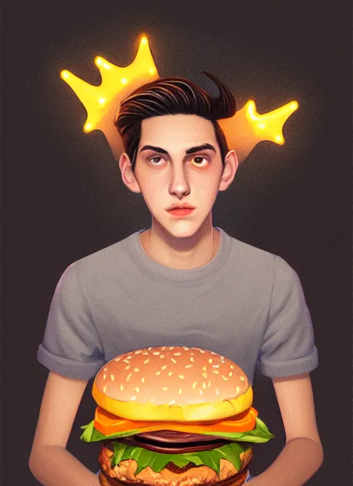 Image similar to portrait of teenage jughead jones wearing a light grey crown, crown, hamburger background, eyes closed, crown, black hair, orange, intricate, elegant, glowing lights, warm lighting, highly detailed, digital painting, artstation, concept art, smooth, sharp focus, illustration, art by wlop, mars ravelo and greg rutkowski