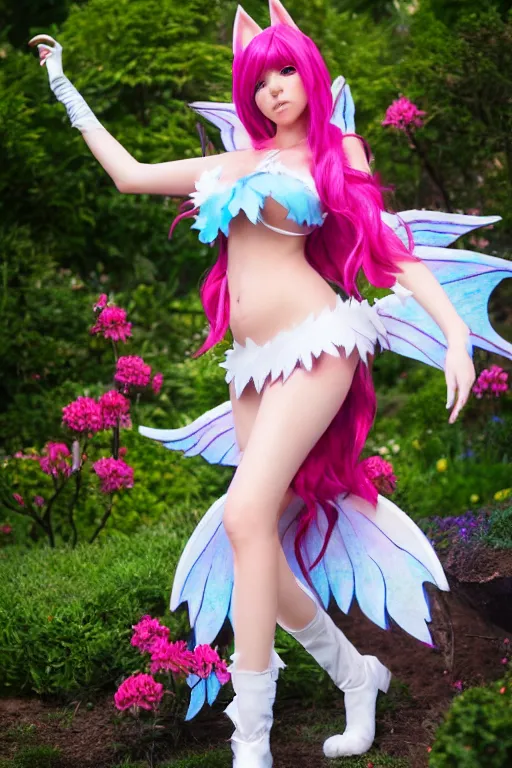 Prompt: a highly detailed and realistic photo of the ahri fairy cosplay on a garden, artstation, 4 k, correctly anatomy, good light