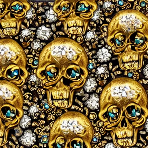 Image similar to many gold skulls with flowers and jewerly, ornate, elegant, intricate, royal, highly detailed, 4 k, hd, digital art