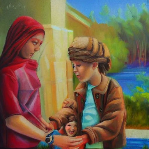 Image similar to Random act of kindness, oil on canvas, art, highly detailed