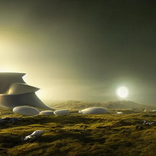 Prompt: several white future cyberpunk egg shaped buildings shine on a barren mossy mountain in iceland, and many wild animals, by hiroshi sugimoto and paul lehr and john schoenherr and john harris