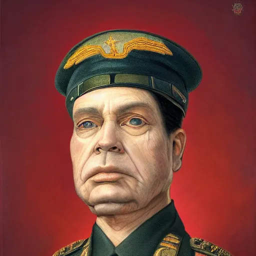 Prompt: portrait artwork of five star army general by mark ryden, sad eyes, breathtaking, 8 k resolution, extremely detailed, beautiful