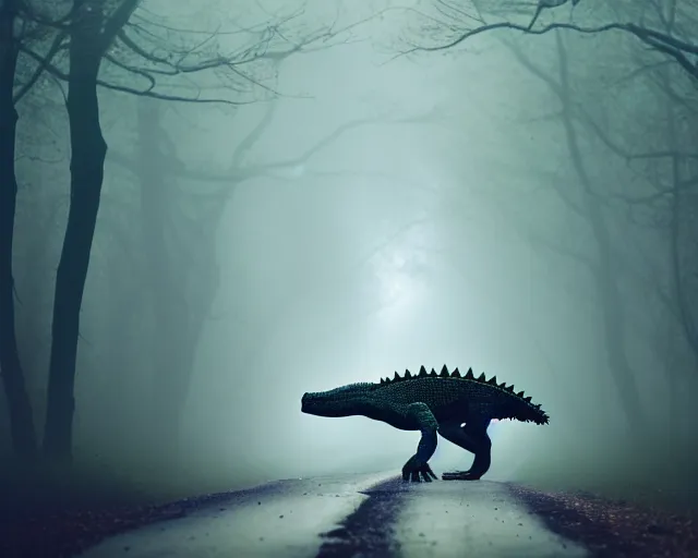 Image similar to a lomography photo of crocodile with fairy wings on foggy forest road this morning, bokeh,