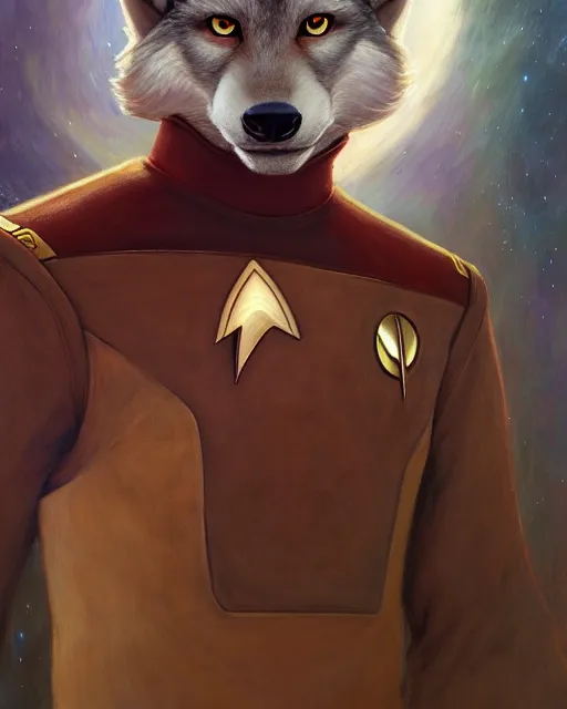 Image similar to painting of anthromorphic male wolf in starfleet uniform, star trek, zootopia, fursona, furaffinity, 4 k, deviantart, furry art, very expressive detailed face, gaston bussiere, craig mullins, jc leyendecker, gustav klimt, artgerm, greg rutkowski, alphonse mucha