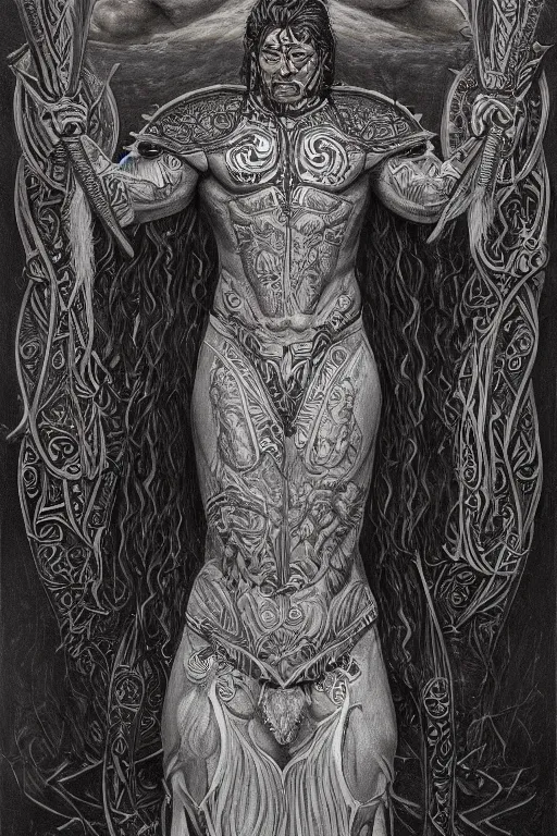 Image similar to a beautiful painting of full - body maori warrior, wisdom, good and evil, white ink + magical + symmetrical + detailed intricate + heraldic design + atmosphere high details, in the style of jean delville, artstation, 8 k, 4 k, cinematic