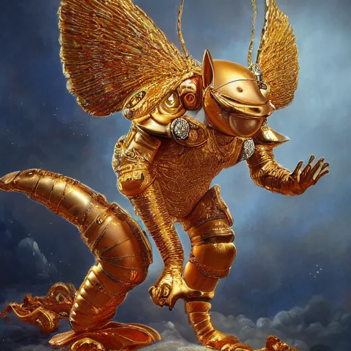 Prompt: a fat orange cat with a golden helmet wearing a silver armor with golden ornaments and diamonds jewelry, wings by alex gray and android jones, karol bak, ayami kojima, amano, concept art, character design, fantasy, 3 d, 8 k resolution