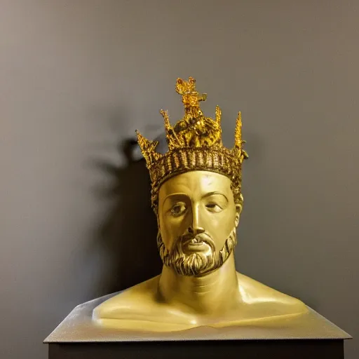 Prompt: statue of libertys head with crown is lying sideways on the ground .low angle painting