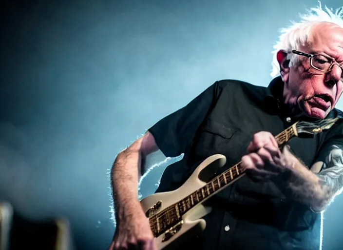 Image similar to publicity photo still of bernie sanders in a death metal band playing live on stage, 8 k, live concert lighting, mid shot