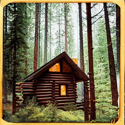 Prompt: cabin in the woods, pine trees, hyper realistic, national geographic cover, photograph, f 8. 0, 3 2 mm, polaroid