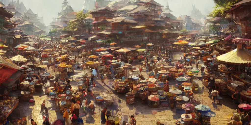 Prompt: A beautiful painting of a busy market in a fantasy asian town on a river, by Craig Mullins and Fred church, hd, cinematic, very detailed, Trending on artstation.