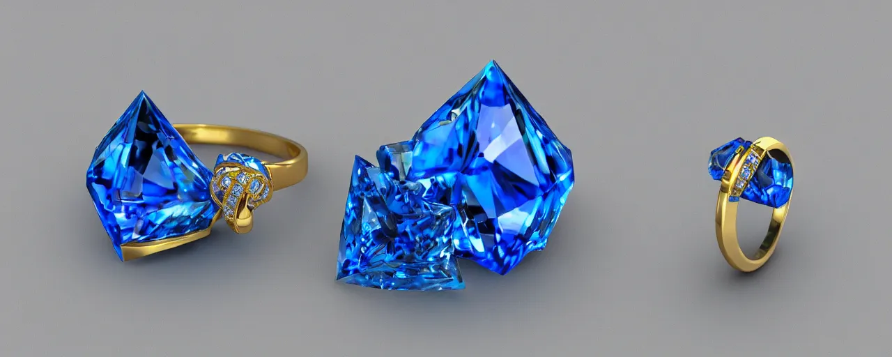 Image similar to simple golden magic crystal ring, radiant cut, ice, blue, gold, smooth shank, crystal, engravings, diamonds, product design, jewelry, colorful, art by gerald brom, greg rutkowski and artgerm, photo realism, unreal engine, c 4 d