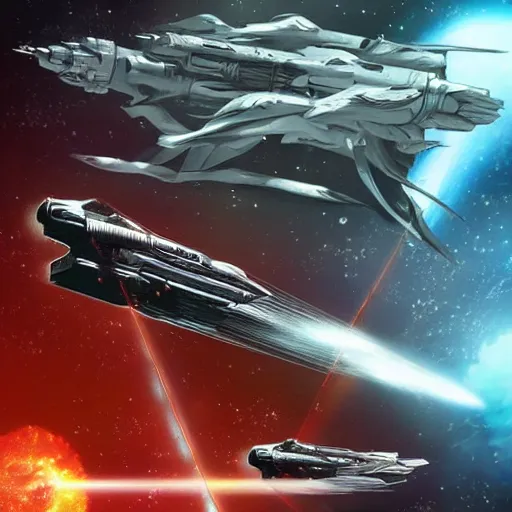 Image similar to science - fiction space battleship in combat, laser beams, explosions, space, planets, grimdark style