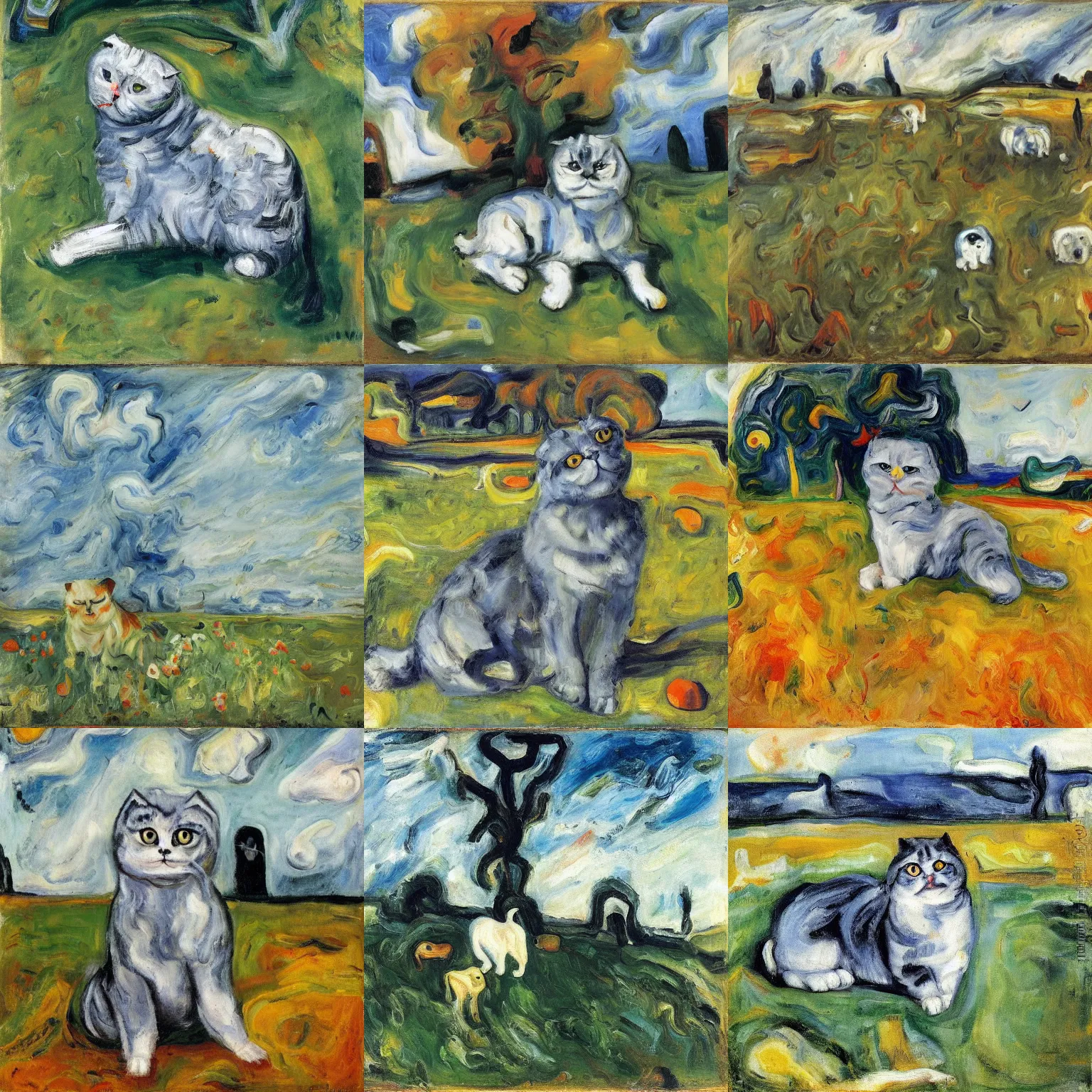 Prompt: a gray scottish fold sitting in the middle of sunny meadow, by chaim soutine