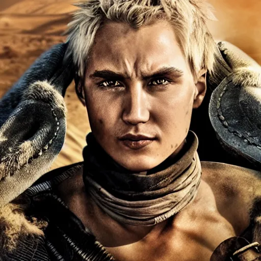 Image similar to xqc as a warlord in mad max fury road, 4k, high detail, high-resolution photograph, professional photography, ultra-detail