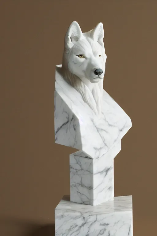 Image similar to a white marble bust of a wolf with gold filigree