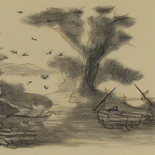 Image similar to landscape drawing with owls and boats, in the style of pauline baynes