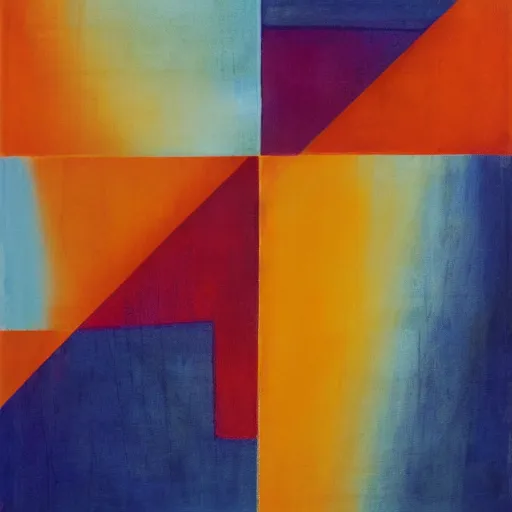 Image similar to In this mixed media art, the artist has used a simple palette of colors to create a feeling of calm and serenity. The soft hues of blue and green are reminiscent of a cloudy sky, while the orange and yellow suggest the warm glow of the sun. The vertical stripes of color are divided by thin lines of black, which give the impression of deep space. The overall effect is one of peacefulness and balance. multiple exposure by Mark Briscoe, by Lorenz Hideyoshi angular, uneven