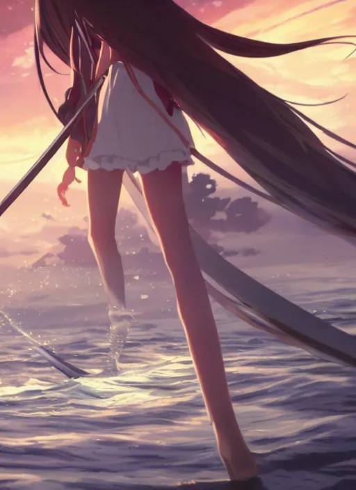 Image similar to anime girl with a katana walking on water, ripples, backdrop of dawn, saturn in the background, illustration, concept art, anime, key visual, trending pixiv fanbox by wlop and greg rutkowski and makoto shinkai and studio ghibli