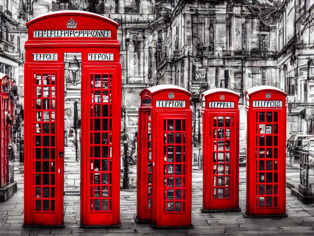 Image similar to highly detailed, intricate stunning image of a shop full of british red telephone boxes, stunning atmosphere, high octane, cinematic lighting