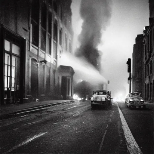 Image similar to a high resolution photo of a new york street at night with an old church on fire surrounded with smoke and cars with bright headlights by robert capa, realistic photo, leica, cinematic lighting, magnum award winning photograph, parallax photography,-W 1024