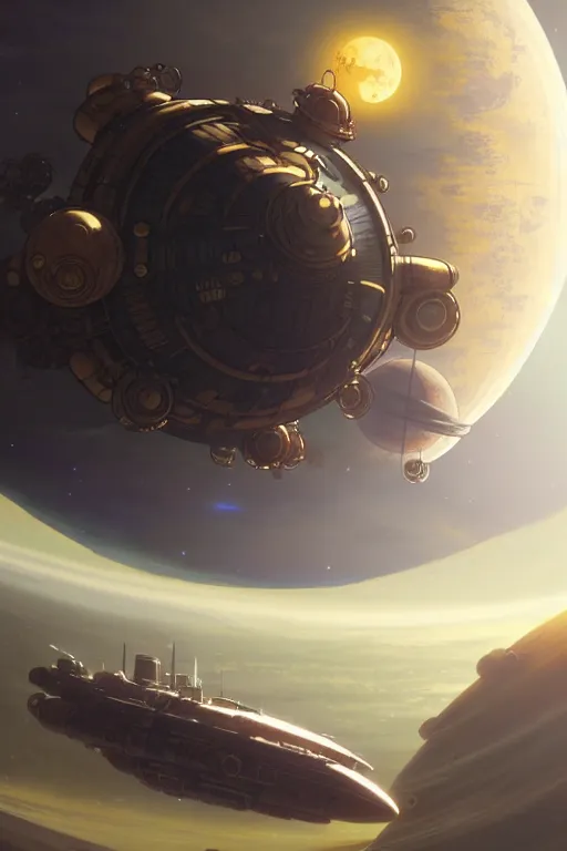 Image similar to steampunk spaceship infront of a planet, exquisite details, denoised, mid view, by karl kopinski, artsation, greg rutkowski, makoto shinkai, takashi takeuchi, studio ghibli