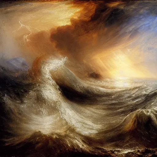 Prompt: giant octopus with huge tentacles dancing on the waves of a stormy ocean under a dramatic sky, by jmw turner