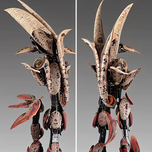 Image similar to futuristic welwitschia mirabilis mecha welwitschia body, sepals forming helmet, floral details, welwitschia, 8 k hd resolution, barbatos gundam with floral inlay, bandai box art, star wars, makoto kobayashi, frank gehry, raymond swanland