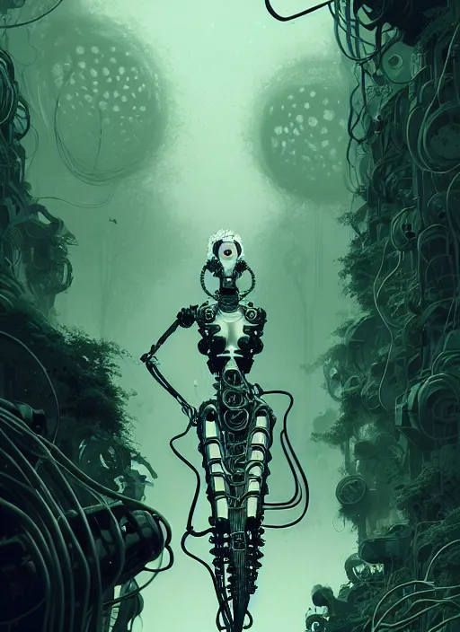 Image similar to highly detailed portrait of a biomechanical long curly white hair tribal lady, stray wiring by atey ghailan, james gilleard, by joe fenton, by greg rutkowski, by greg tocchini, by kaethe butcher, 4 k resolution, gradient green, black and white color scheme!!! ( ( forested robotic dense jungle background ) )