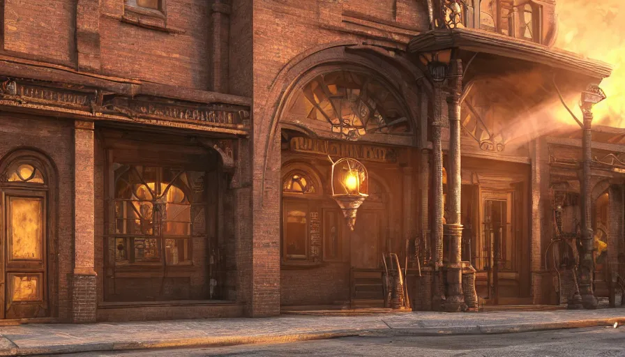 Prompt: a steampunk victorian museum building entrance, james gurney, cinematic lighting, lots of steam and sparks, wires made of copper, artstation, vibrant nature, tuomas korpi, sunset, tekkon kinreet, volumetric light, artstation,, octane render, redshift render, low angle camera, rich deep moody colors