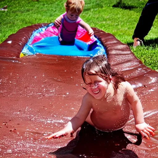 Image similar to kid sliding down chocolate pudding head first, slip n slide, photo taken at the park