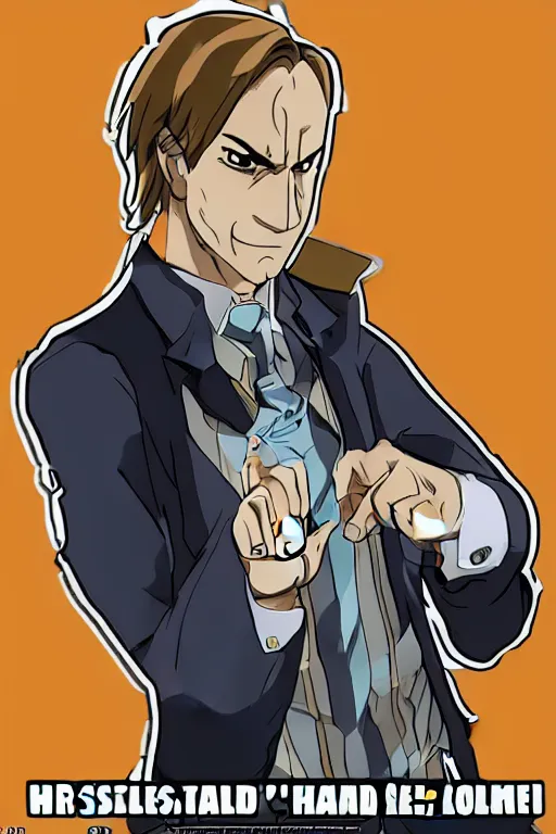 Image similar to Saul Goodman as a hardcore anime character, in the style of Jojo's Bizarre Adventure