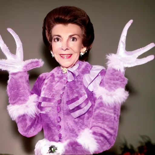 Image similar to photograph of nancy reagan dressed as the cheshire cat, twilight, 1 2 mm zeiss,