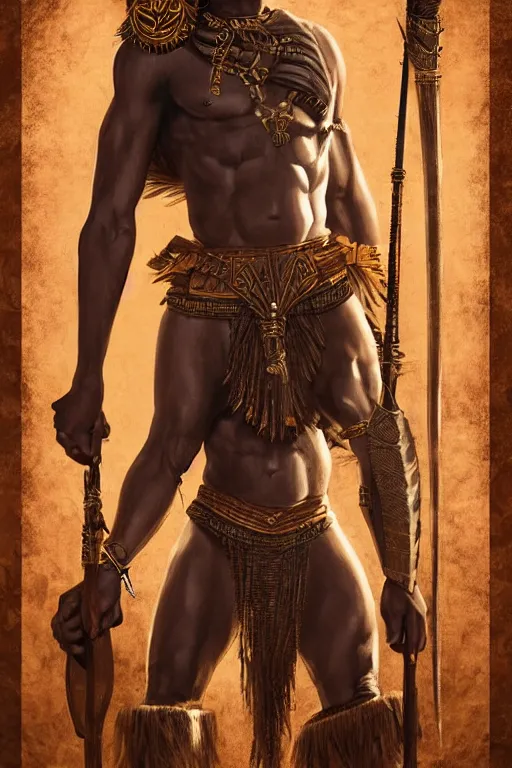 Image similar to ogun holding a great spear, African warrior deity wearing ancient golden armor, orisha God of hunters and craftsmen, strong masculine features, menacing cinematic mid portrait, digital illustration, octane render trending on arstation by artgerm, raphaelite and mucha