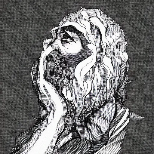 Prompt: Line art of philosopher deep in thought, dissolving into the air. Trending on artstation