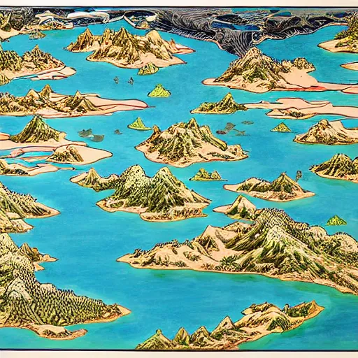 Prompt: a beautiful painting of a lake with many islands connected by bridges by hirohiko araki, detailed line art, jojos bizarre adventure