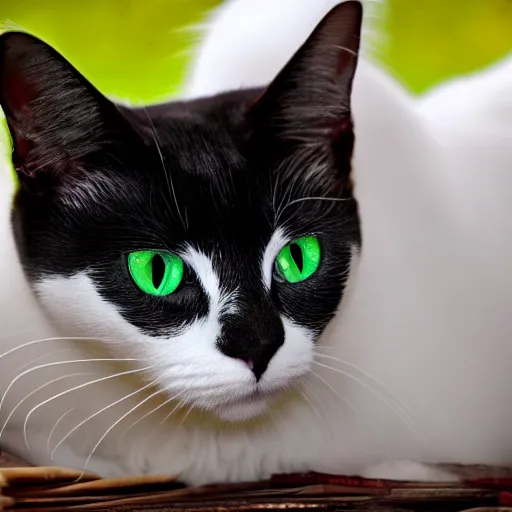 Prompt: [white cat with green eyes] to the left in the picture, [black cat with yellow eyes], to the right in the picture