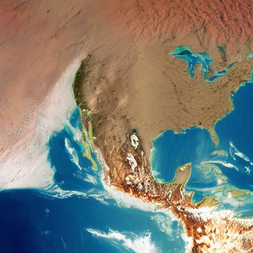 Prompt: satellite image of apocalyptic earth, dried up oceans, desert everywhere