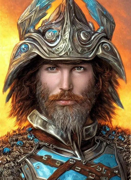 Image similar to A Human Male Paladin, highly detailed face, glowing white eyes, shaggy hair, scruffy brown beard, Teal flames surrounding, medium armor, wings, fantasy, intricate, elegant, highly detailed, digital painting, artstation, concept art, smooth, sharp focus, illustration, art by Larry Elmore and Jeff Easley and Clyde Caldwell