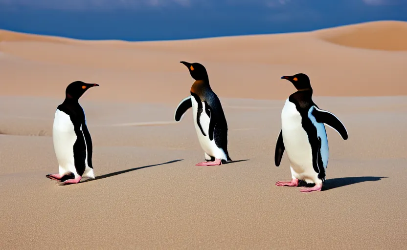 Image similar to penguins in sand dunes, photography