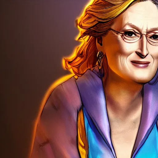 Image similar to meryl streep portrait, borderlands, tales from the borderlands, the wolf among us, comic, cinematic lighting, studio quality, 8 k