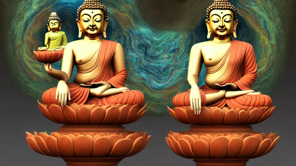 Image similar to a hyperdetailed painting of a happy buddha sitting on a lotus, one hand on his knee and the other hand holding a giant cup of coffee, ambient occlusion, 3 d model, quantum fractals, magic realism inspired by psychadelia and ancient architecture of thailand, trending on artstation,