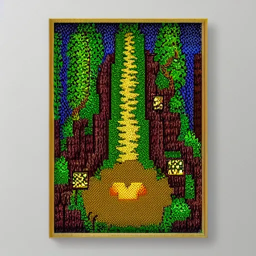 Prompt: pixel art forest scene with golden rings in the ground